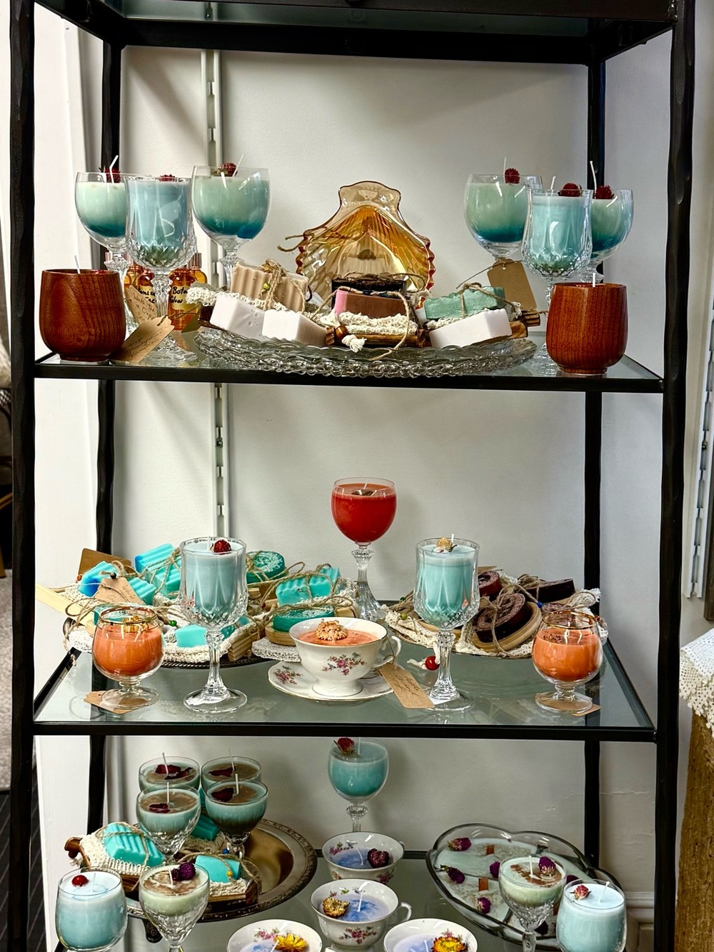 Blue and Teal hand poured soy candles and soaps. Message me per piece